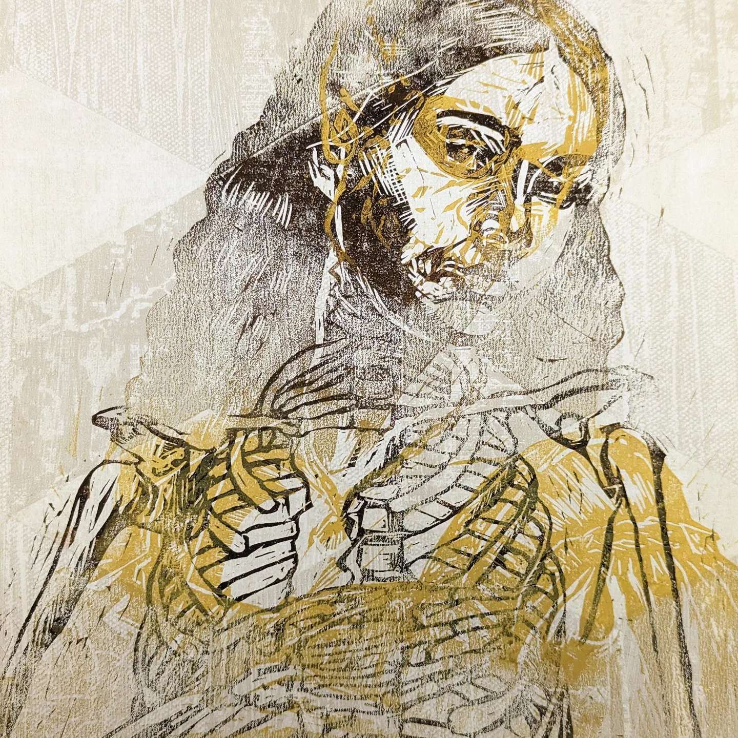 skeleton girl renaissance linocut print brown yellow printed on wallpaper