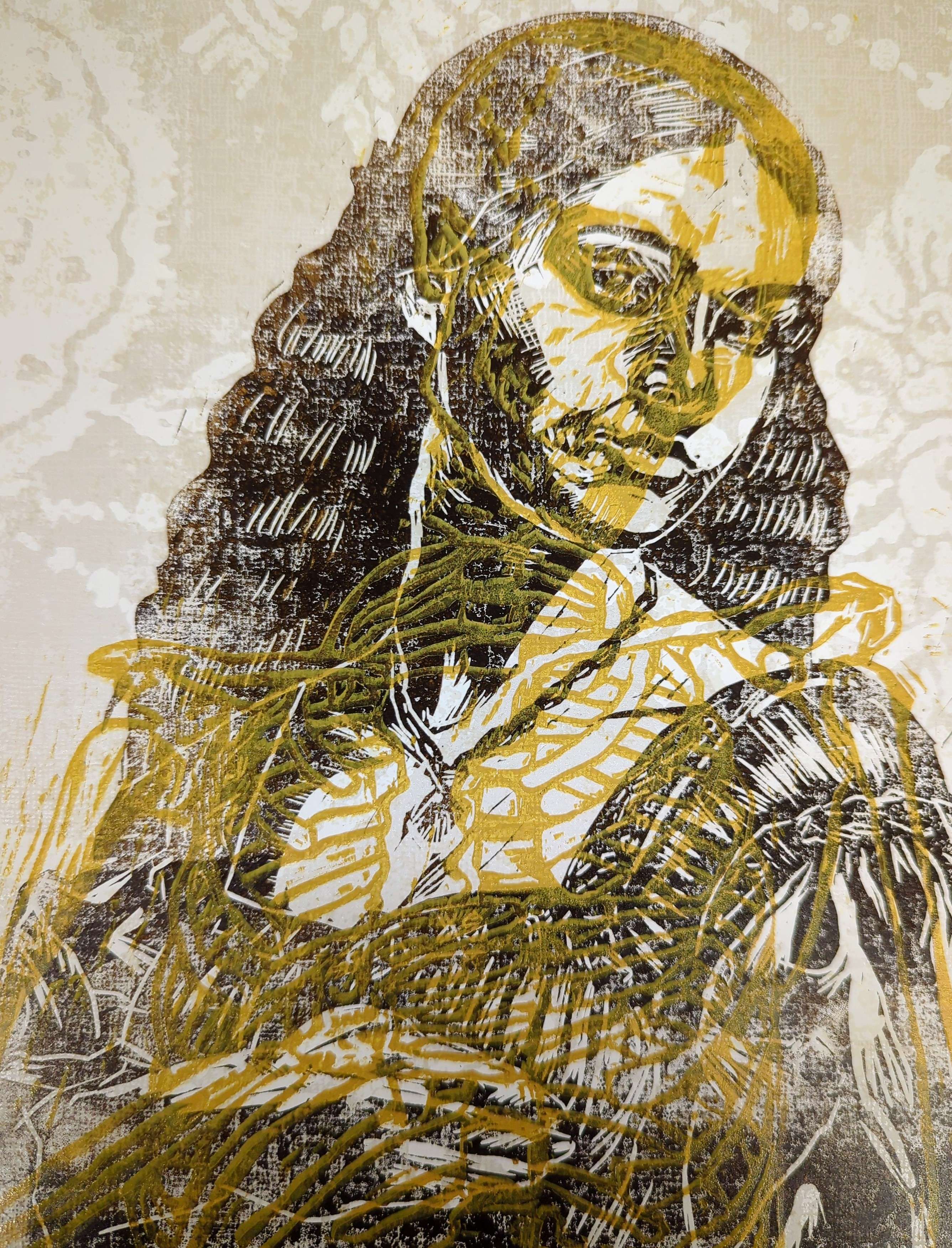 skeleton girl renaissance linocut print brown yellow printed on wallpaper