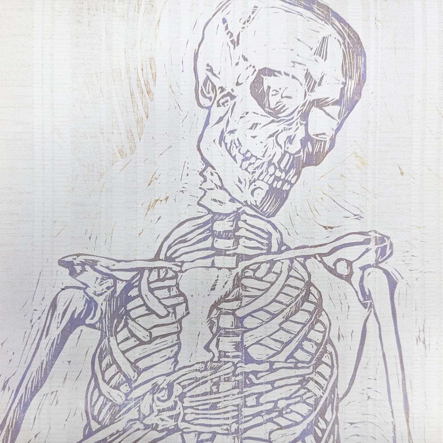 purple periwinkle skeleton linocut print on striped wallpaper