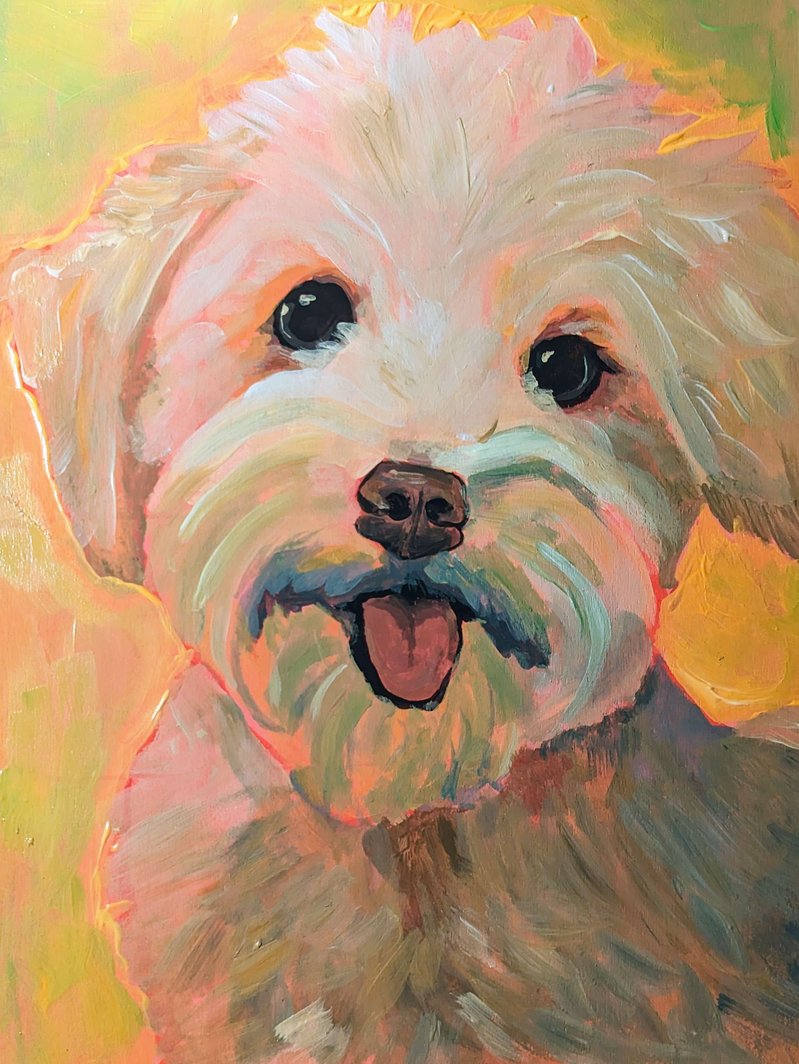colorful painting of white havanese dog gouache