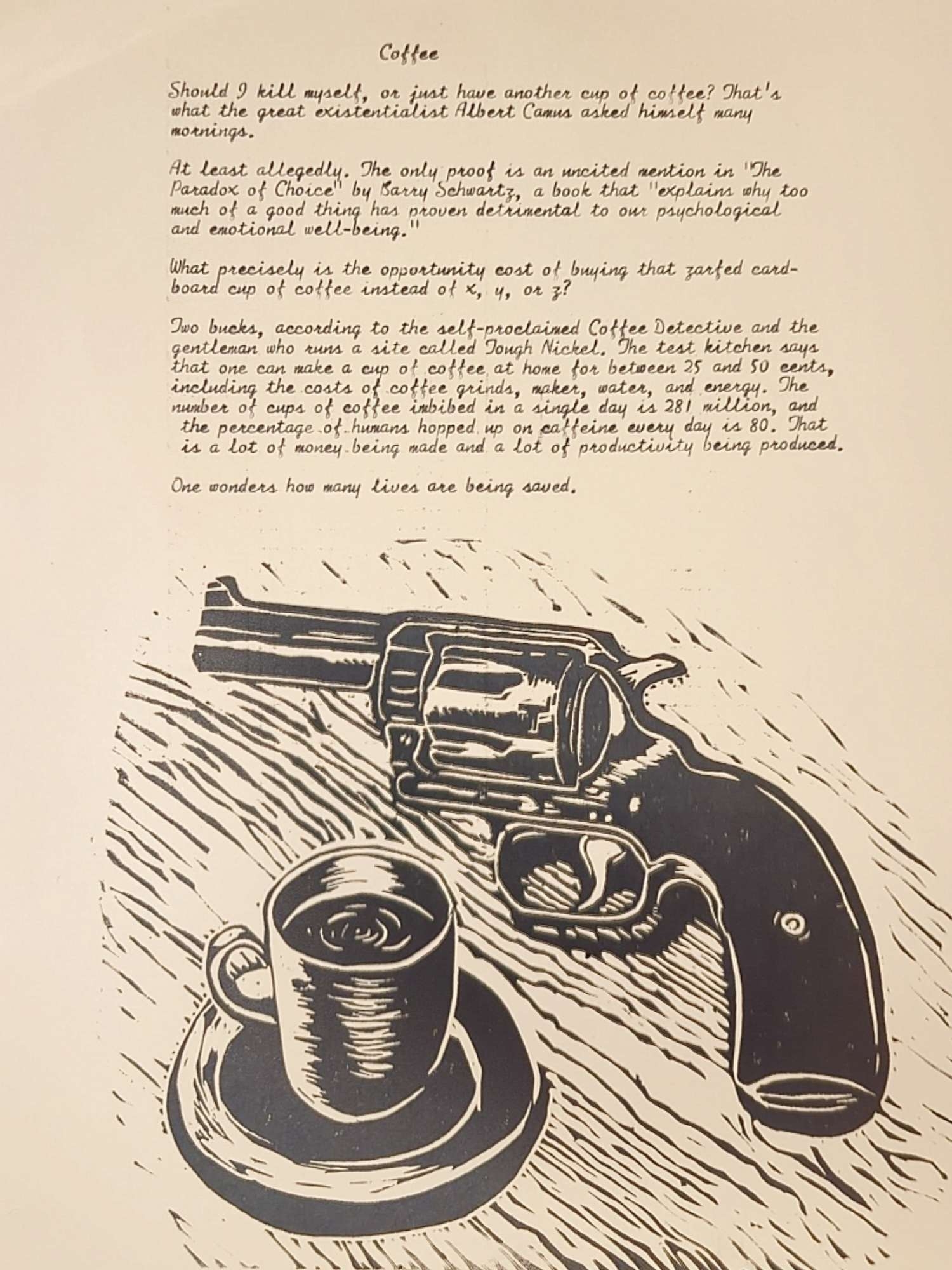 linocut print of gun and coffee broadside with text