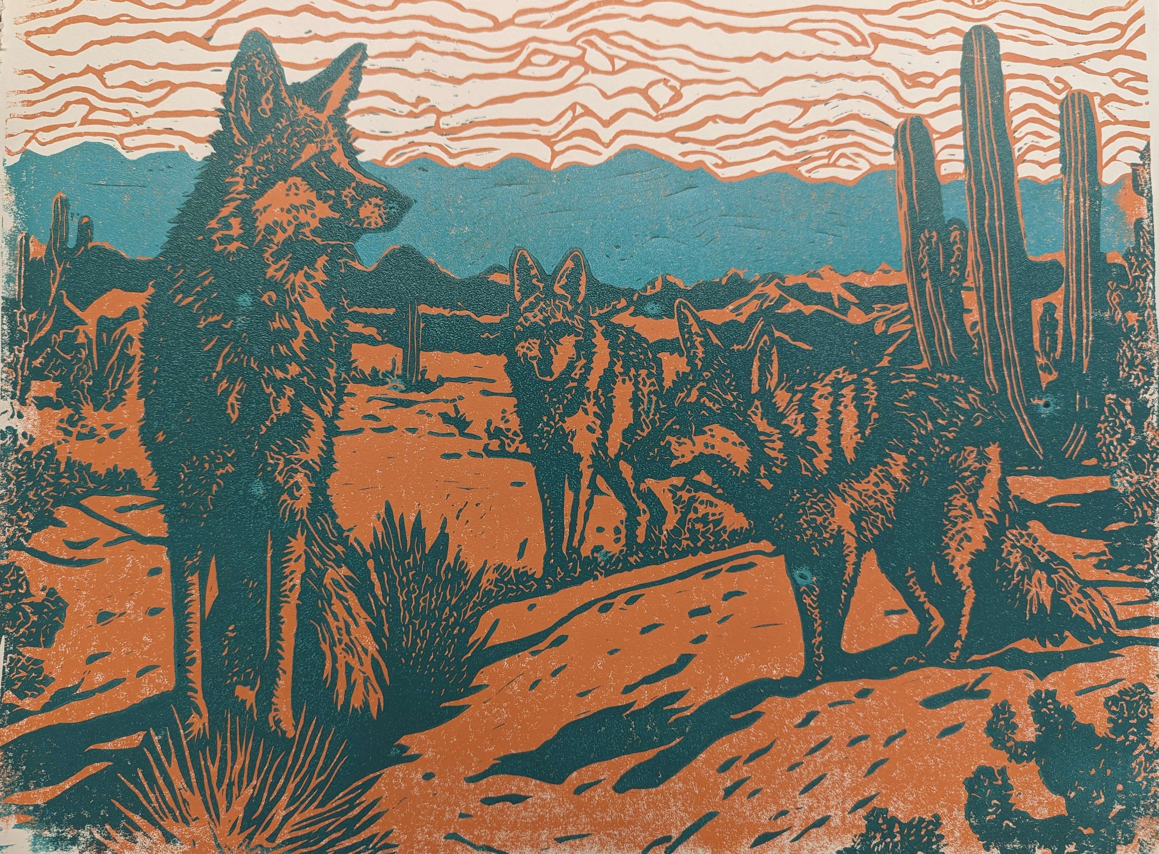 step 2 of linocut wolf art dark blue