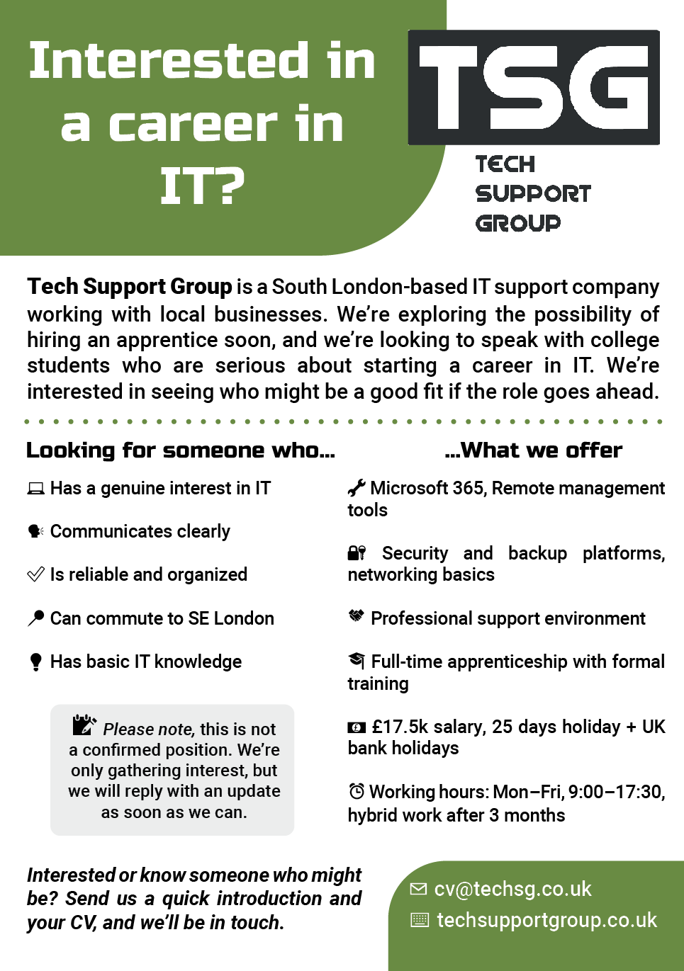 Volunteering advertisement for TSG