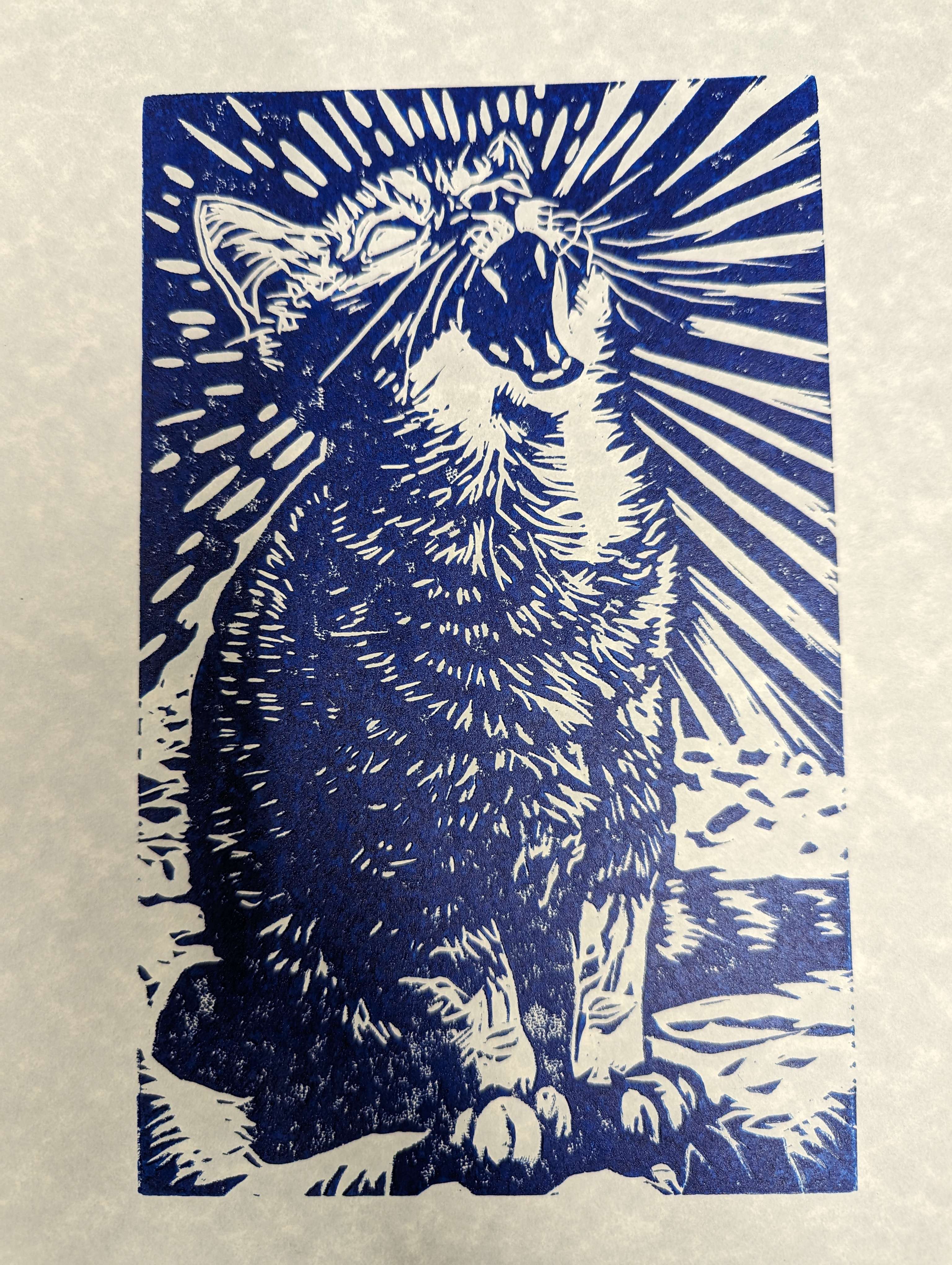 blue linocut print of a cat yelling