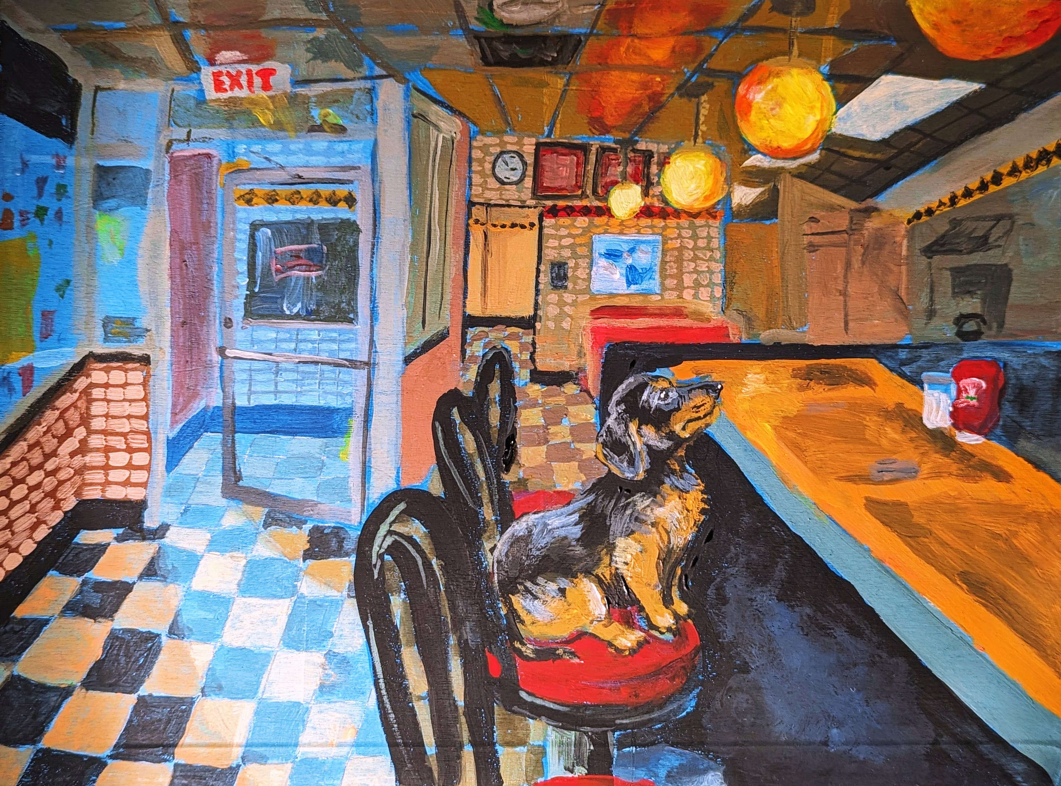 dachshund sitting on a bar waiting for foot at waffle house acrylic painting