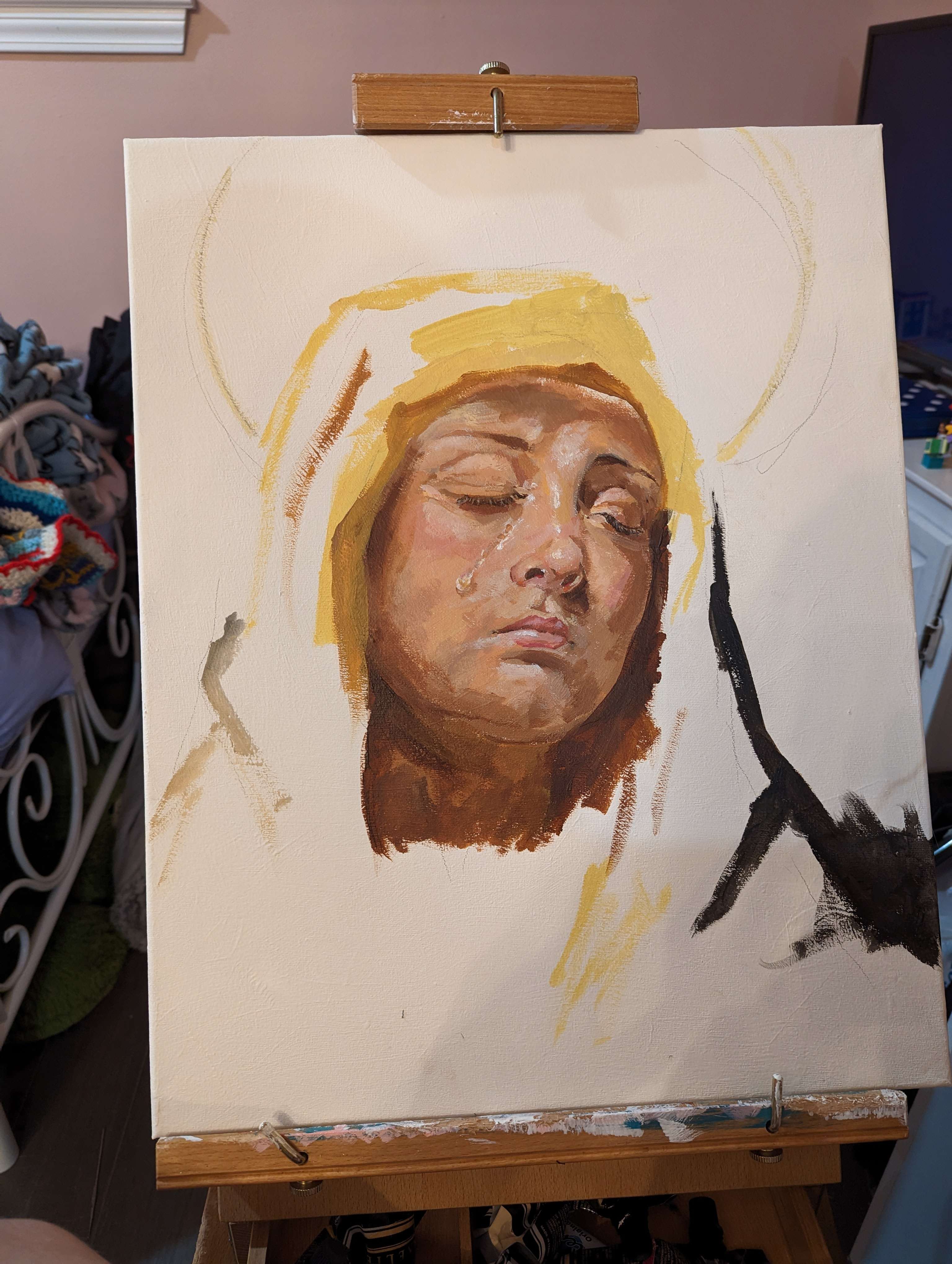 unfinished painting of mary on canvas